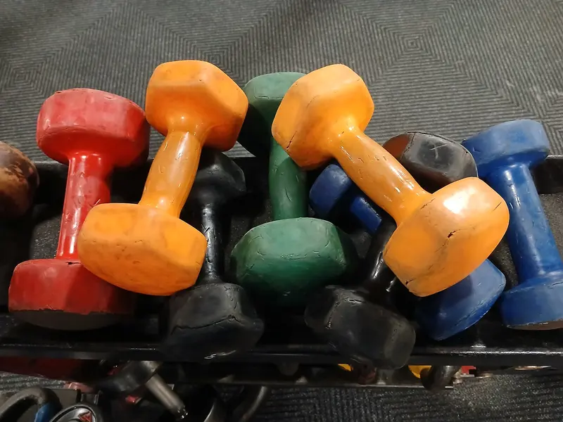 A pile of colourful hand weights