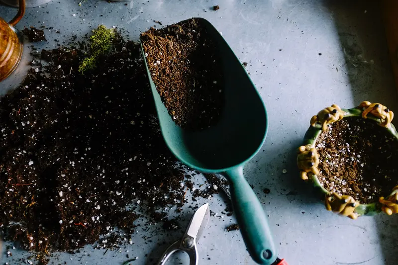 A green garden trowel full of potting compost next to a plant pot