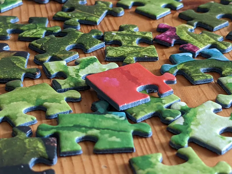 A red jigsaw corner piece lying on a pile of green pieces